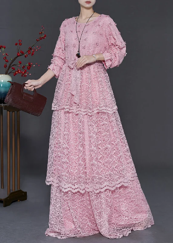 elegant dressWomen Pink Floral Layered Lace Vacation Dress Spring