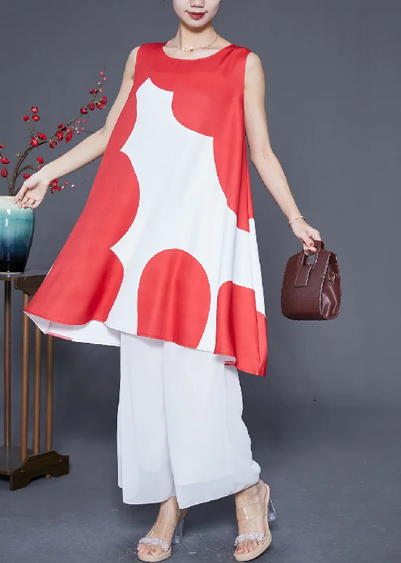 evening dressFashion Red O-Neck Print Satin A Line Dress Summer