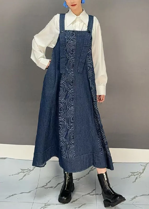 long-sleeve floral dressWomen Denim Blue Slash Neck Print Long Spaghetti Strap Dress Spring