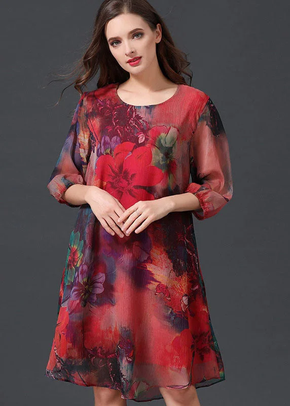 casual evening dressWomen Red O Neck Print Patchwork Chiffon Mid Dress Summer