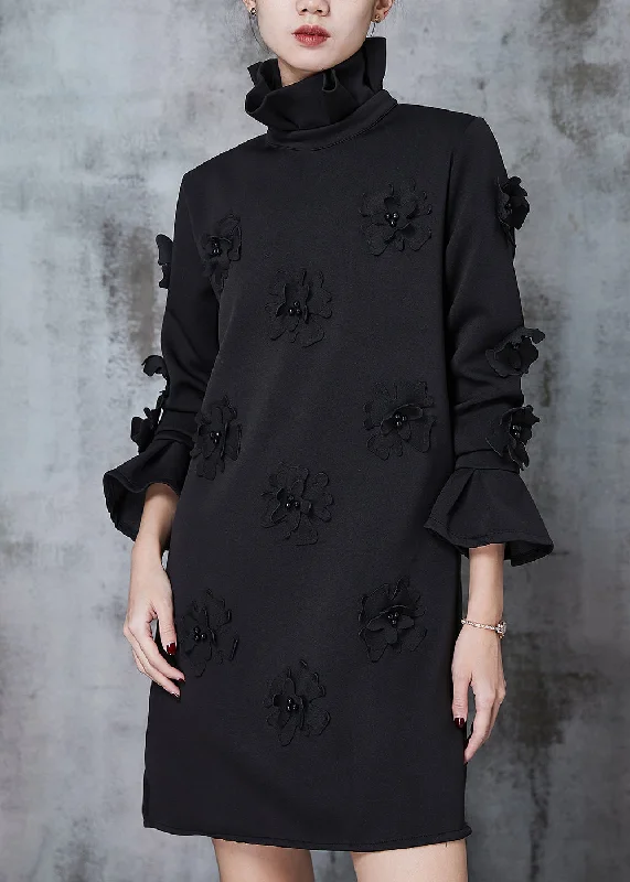 casual shift dressWomen Black Turtle Neck Floral Cotton Dress Flare Sleeve