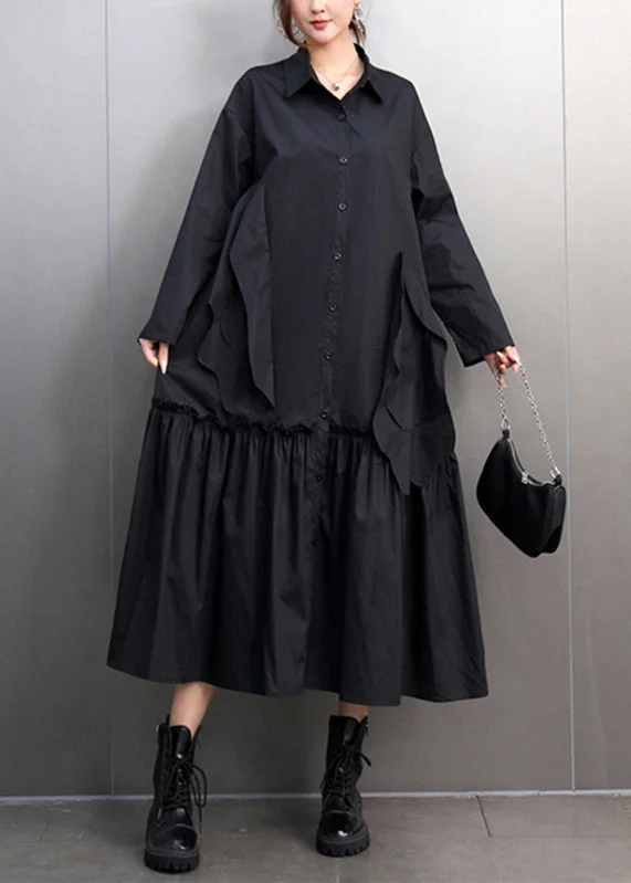 lace-up dressBlack Maxi Shirts Dress Ruffled Patchwork Spring