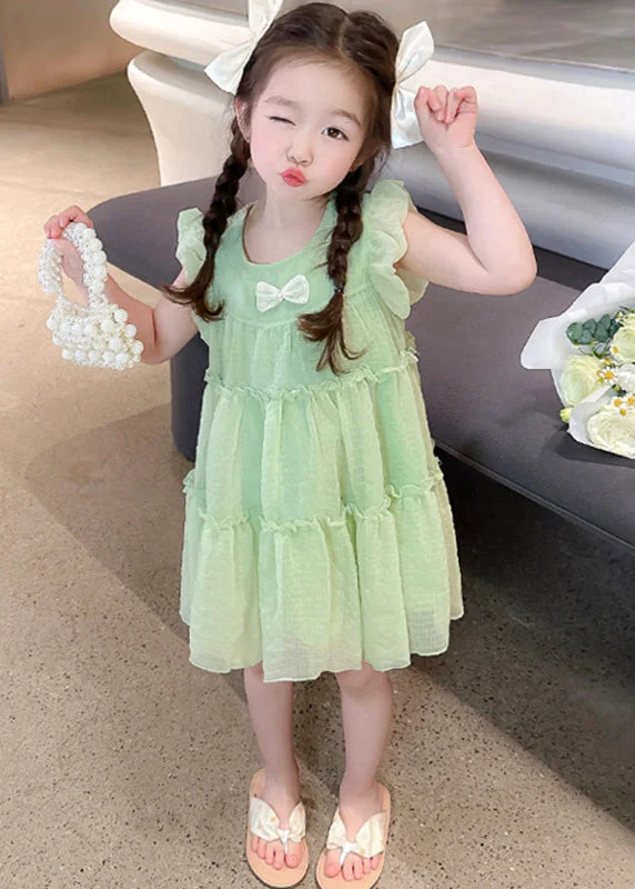 vintage-inspired dressLight Green O-Neck Tulle Girls Mid Dresses Short Sleeve