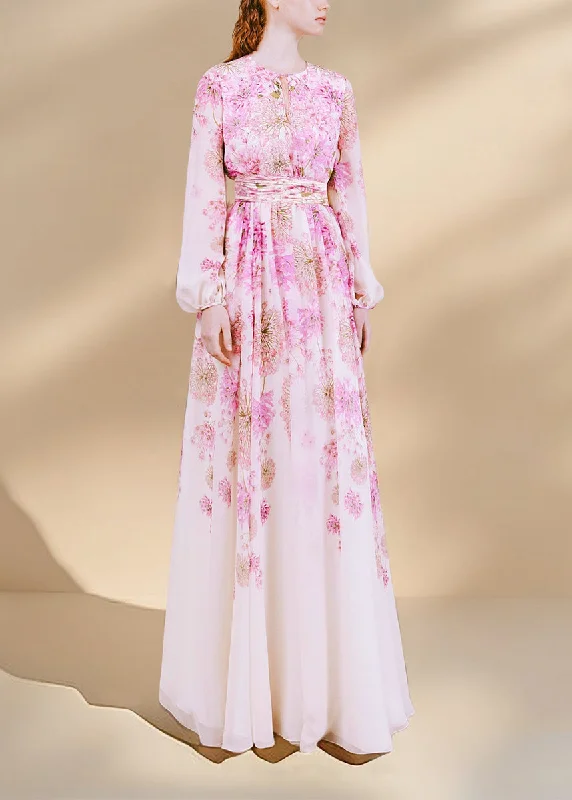 trendy dressFrench Slim Fit Pink O Neck Patchwork Silk Long Dresses Spring