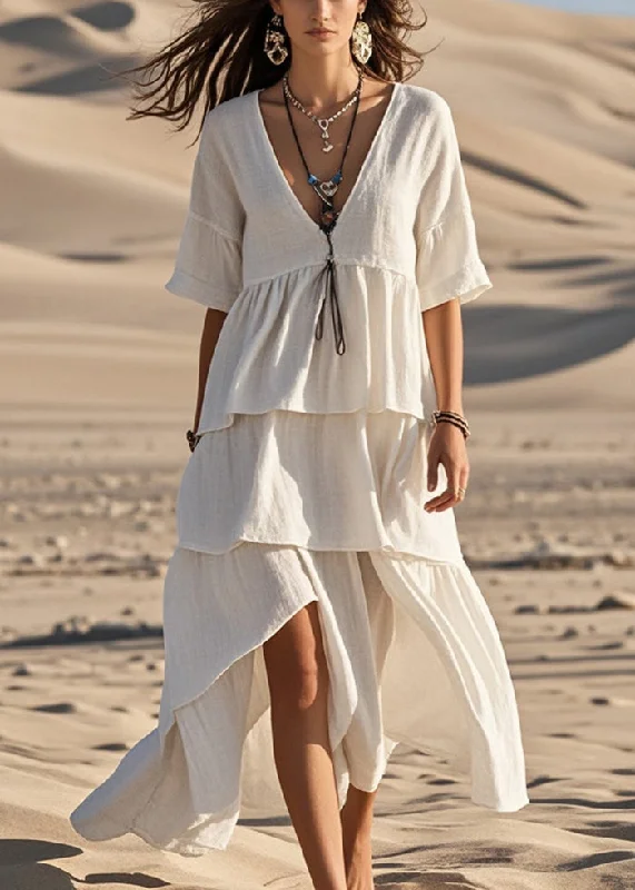 trendy bodycon dressElegant White Asymmetrical Design Cotton Long Dress Summer