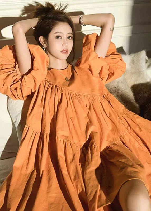 bohemian dressModern Orange Oversized Patchwork Wrinkled Cotton Mid Dress Lantern Sleeve