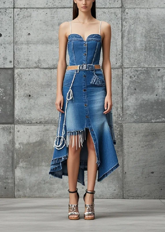 shift dressBoho Blue Asymmetrical Design Silm Fit Denim Spaghetti Strap Dress Summer