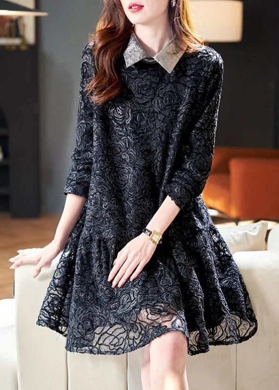 sleek midi dressFrench Black Peter Pan Collar Patchwork Lace Dresses Spring