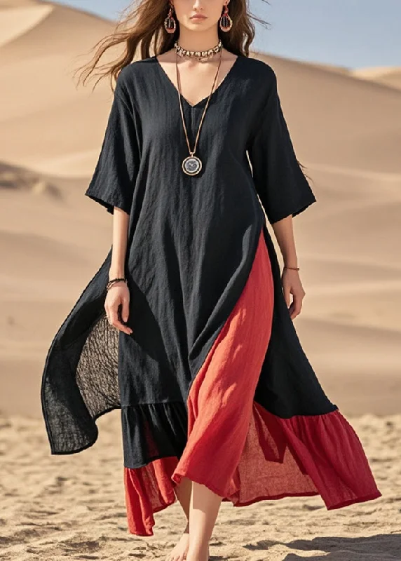 denim dressBoho Black Asymmetrical Patchwork Cotton Maxi Dresses Summer