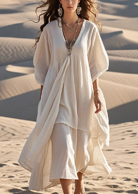 flowy evening dressWhite Cotton Maxi Dresses Asymmetrical Bracelet Sleeve