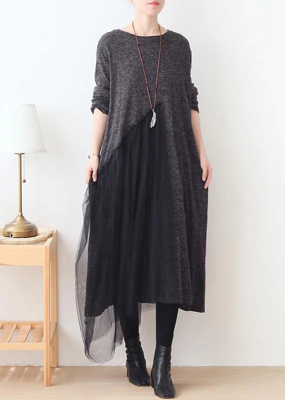 long sleeve dressHandmade gray patchwork tulle clothes For Women o neck Dresses