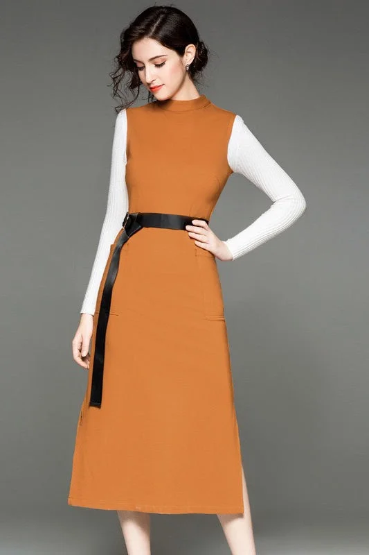 casual evening dressBrown Sleeveless Dress W/ Belt