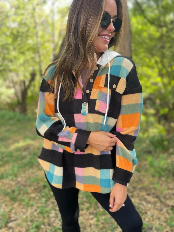 oversized gym sweatshirtRainbow Plaid Cozy Fleece Hoodie with Buttons