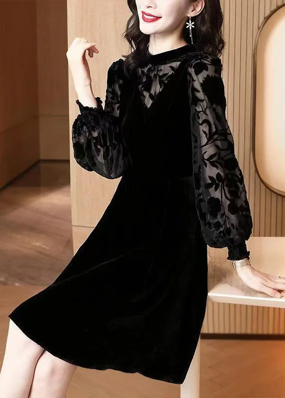 elegant maxi dressJacquard Black High Waist Patchwork Silk Velvet Dresses Winter