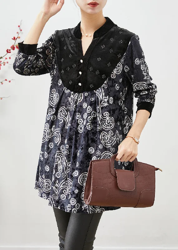 elegant shift dressBoho Black V Neck Patchwork Print Silk Velour Long Shirt Fall