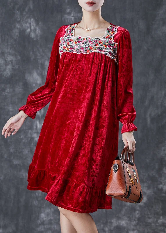 boho-chic dressRed Silk Velour Holiday Dress Square Collar Embroidered Fall