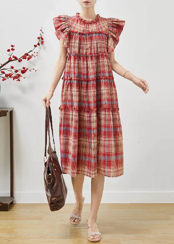 silk dressBeautiful Red Ruffled Plaid Cotton Dresses Butterfly Sleeve