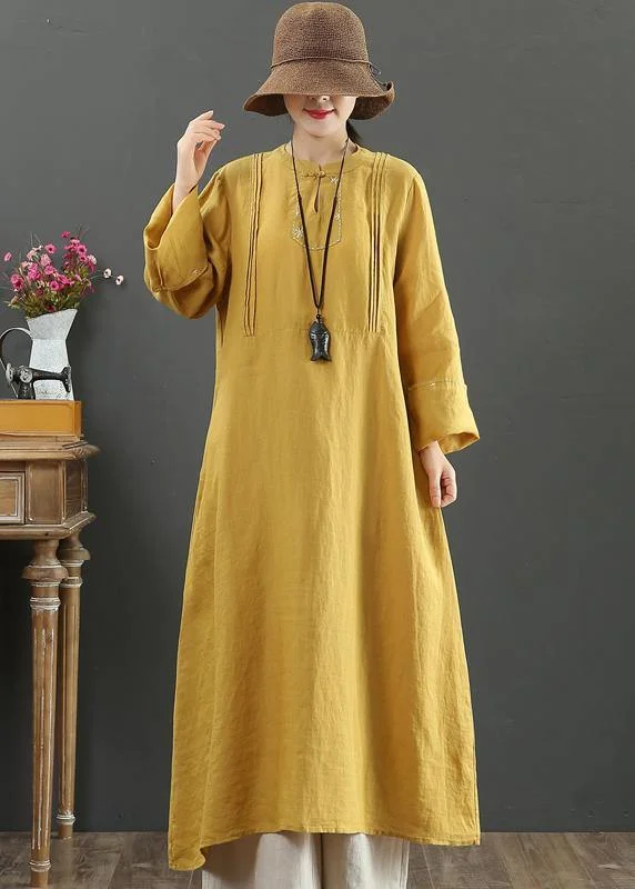 sleek midi dressBohemian Yellow Quilting Clothes Stand Collar Pockets Long Spring Dress