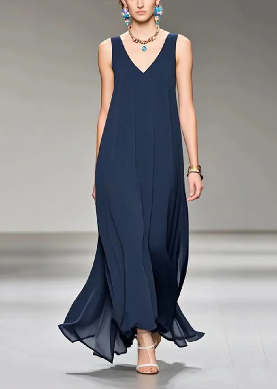 trendy dressVintage Navy V Neck Draping Chiffon Cami Dress Sleeveless