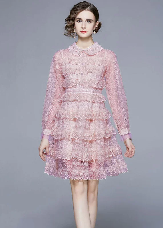 long-sleeve floral dressNew Pink Ruffled Lace Button Patchwork Tulle Mid Dress Summer