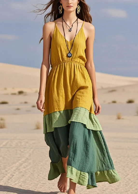 cocktail dressBoho Yellow Patchwork Cotton Cami Dresses Summer