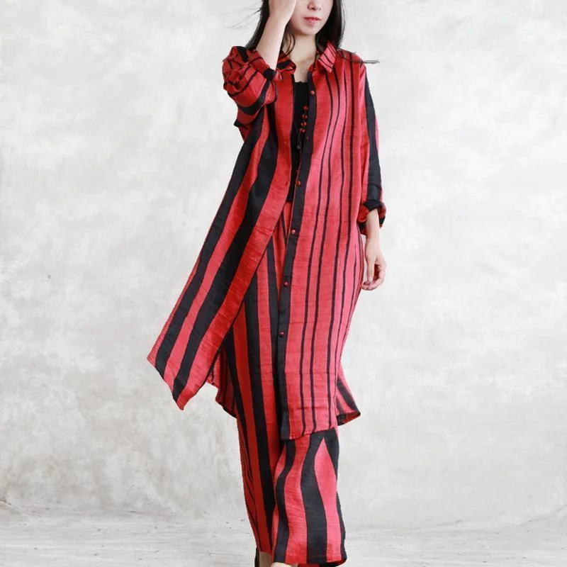 layered dressfine red striped silk linen two pieces plus size tops women long sleeve Turn-down Collar silk linen tops vintage baggy pants