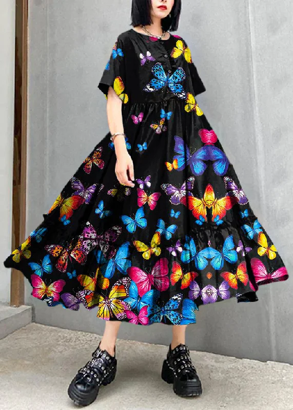 summer floral dressClassy Black Butterfly dots cotton clothes o neck Cinched cotton robes summer Dresses