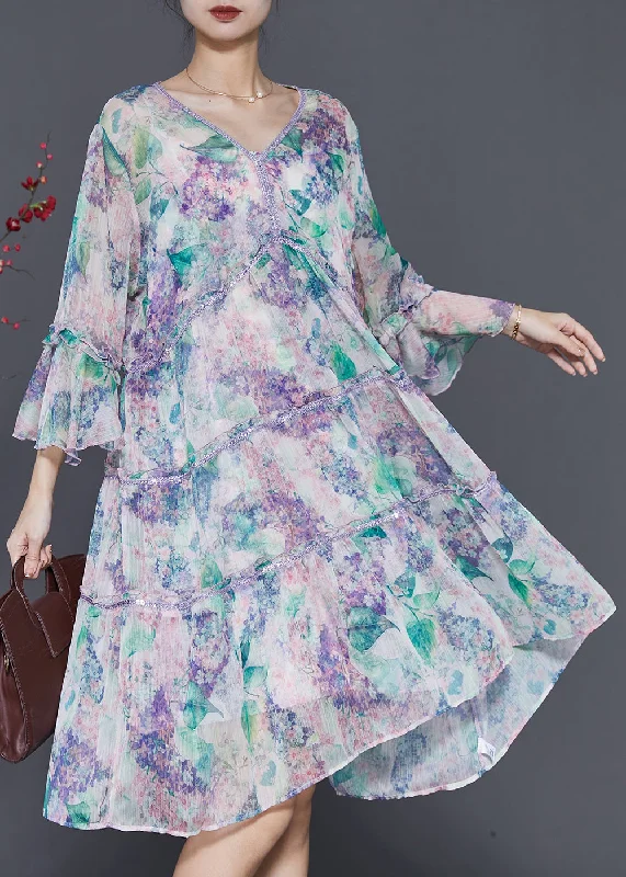 chic wrap dressNatural Light Purple V Neck Print Chiffon Dresses Summer