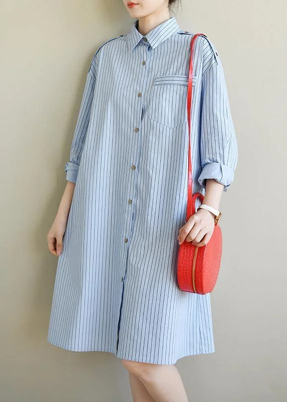 lace-up dressCasual Blue Striped Cotton Long sleeve Spring Dresses