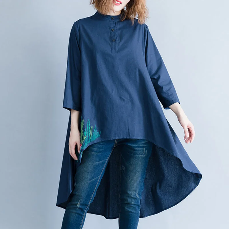 spaghetti strap dressStyle navy linen cotton tunics for women Casual Neckline asymmetric Art shirt Dresses