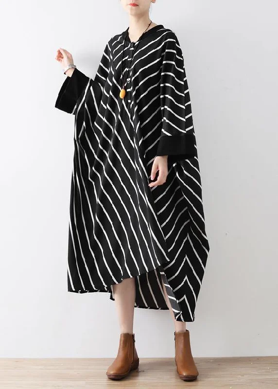 casual evening dressNatural black striped tunics for women v neck asymmetric loose Dress