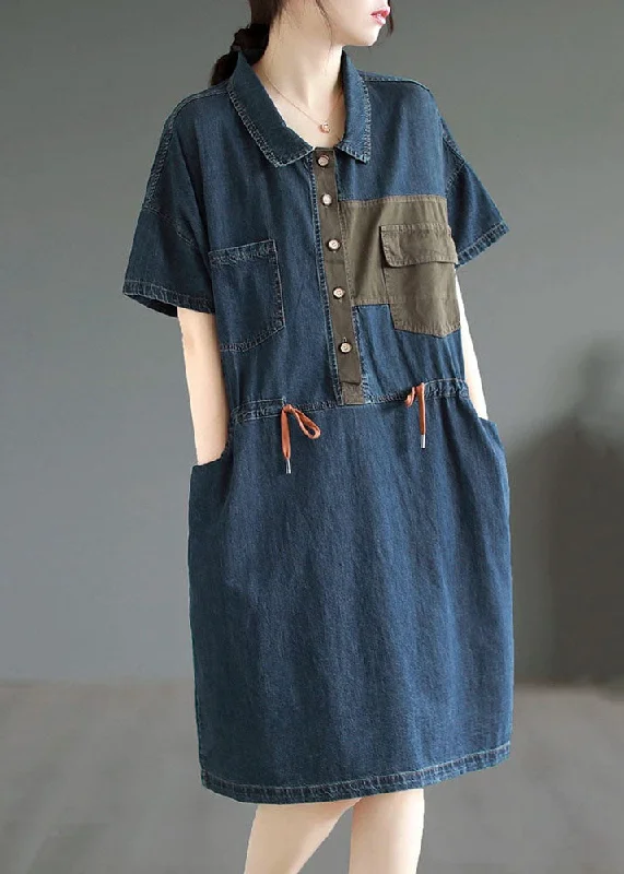 sleeveless dressBoutique Blue Button Drawstring Pockets Patchwork Denim Mid Dress Summer