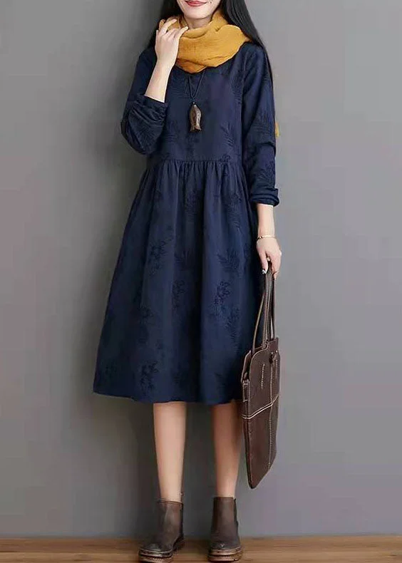 casual knit dressSimple linen clothes Women Jacquard Pleat Blue Linen Loose Dress