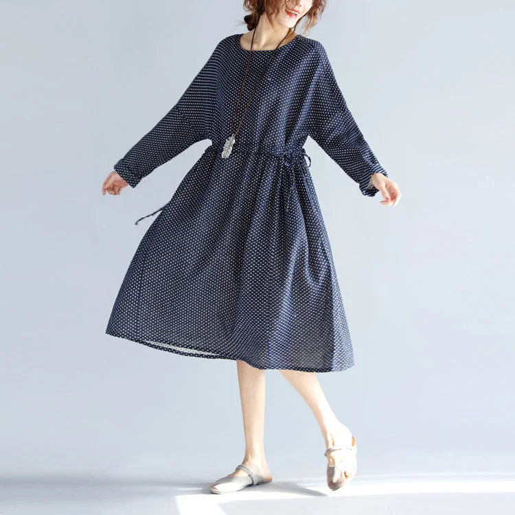 casual shift dressbaggy blue cotton linen knee dress plus size traveling clothing 2018 long sleeve large hem O neck dotted knee dresses