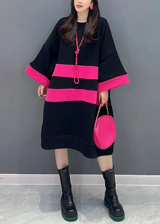 casual midi dressLoose Black O Neck Patchwork Cotton Mid Dress Spring