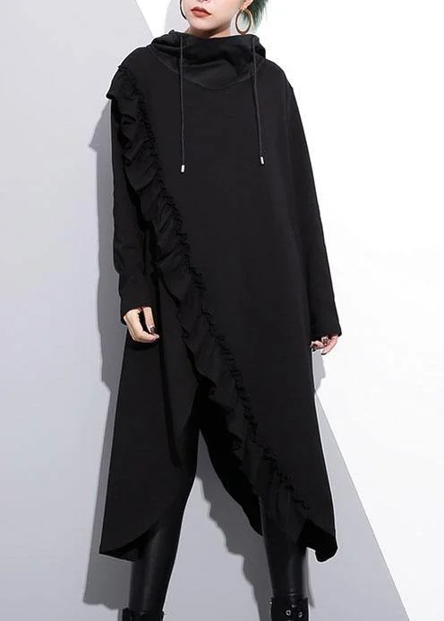 statement dressOrganic black hooded cotton clothes ruffles long fall Dress