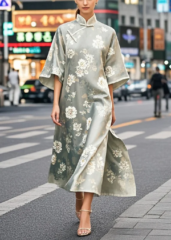 minimalistic dressChinese Style Print Side Open Silk Dress Half Sleeve