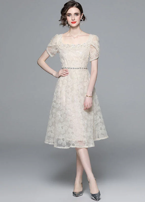 summer floral dressFashion Apricot Square Collar Zircon Embroideried Tulle Dresses Summer