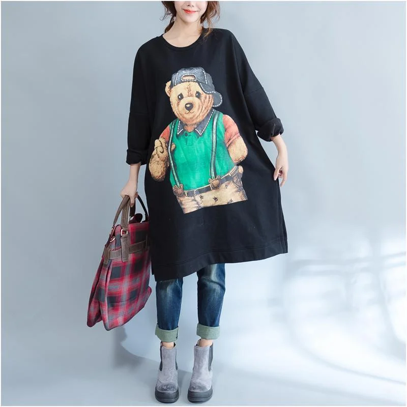 elegant evening dressplus size casual black cartoon print cotton dresses long sleeve mid long t pullover