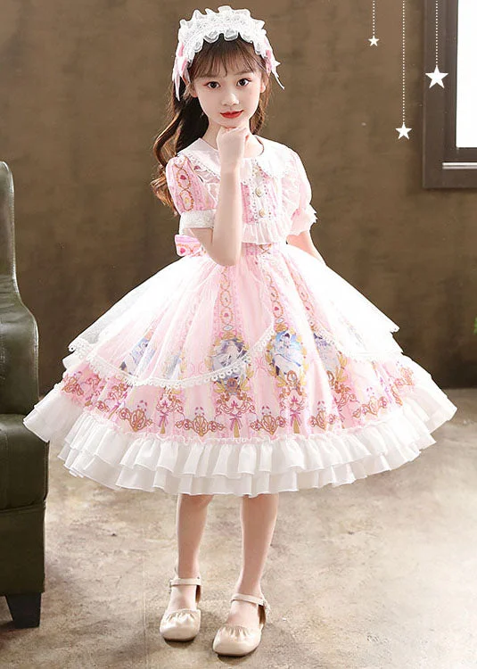 trendy wrap dressCute Pink Ruffled Cartoon Print Patchwork Chiffon Kids Girls Princess Dress Summer