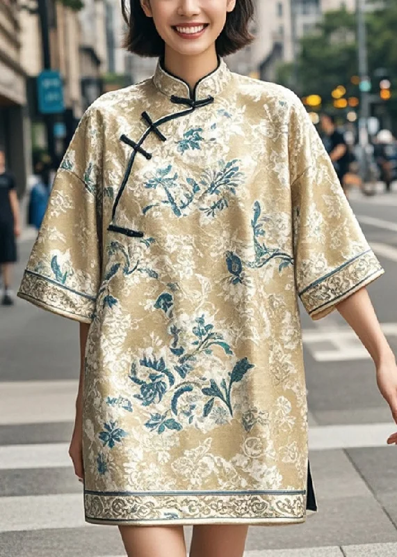 long-sleeve floral dressChic Khaki Print Chinese Style Mini Dresses Half Sleeve