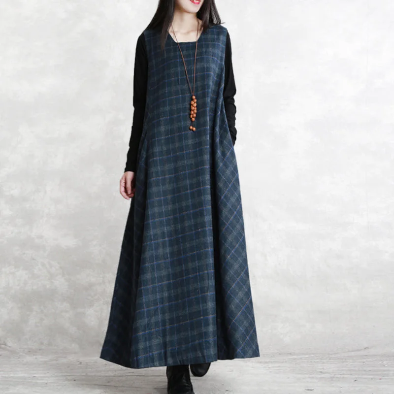 layered dresswarm dark blue Plaid knit dresses Loose fitting Sleeveless patchwork dresses vintage Square Collar pockets pullover dresses