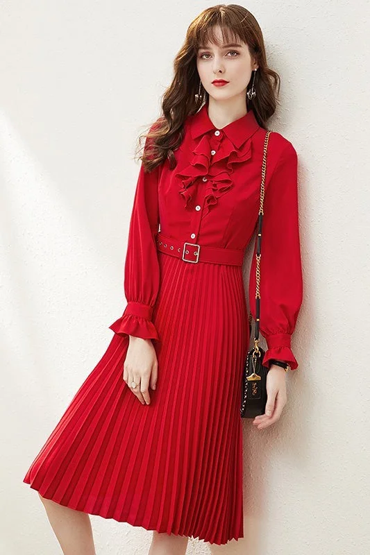 comfy maxi dressRed Pleated Dress W/ Ruffle