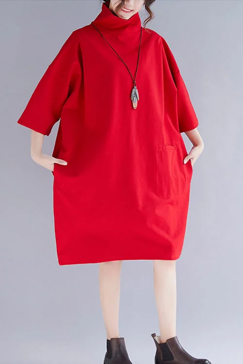 high-waisted dressSimple red knit clothes Metropolitan Museum Sleeve high neck Half sleeve oversized spring Dresses