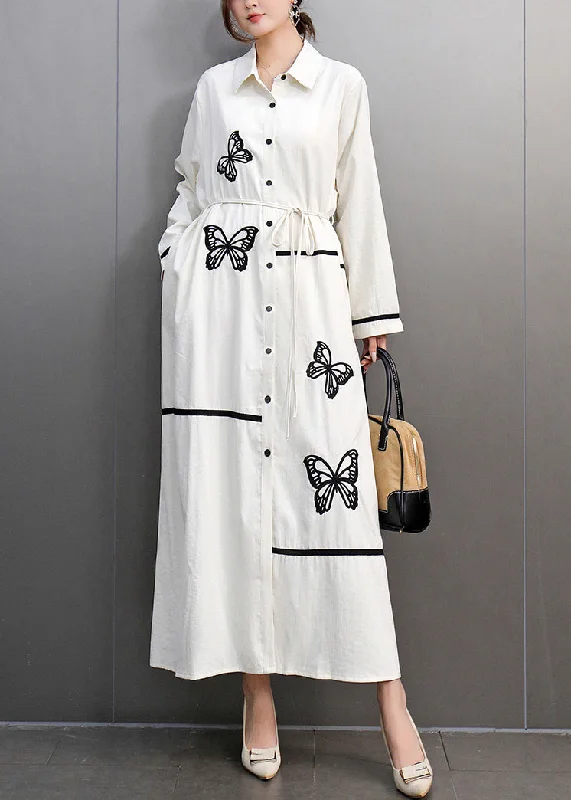 long-sleeve floral dressWhite Patchwork Tie Waist Button Maxi Dresses Spring