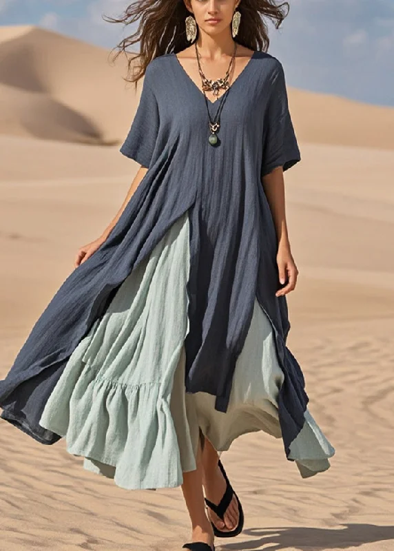 casual evening dressWomen Navy Asymmetrical Patchwork Cotton Vacation Dresses Summer