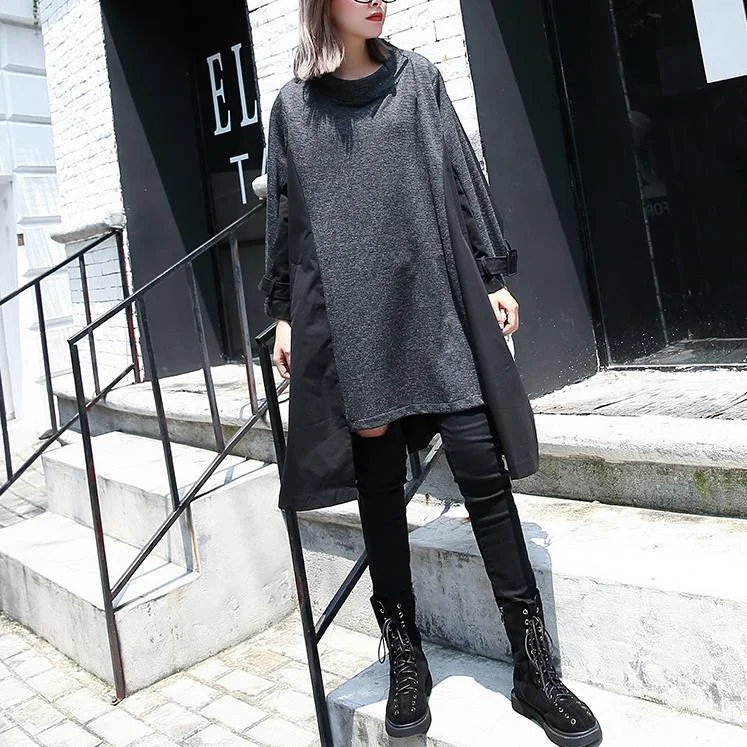 puff sleeve dressNew gray 2018 fall dress Loose fitting traveling clothing asymmetric Elegant O neck patchwork dresses