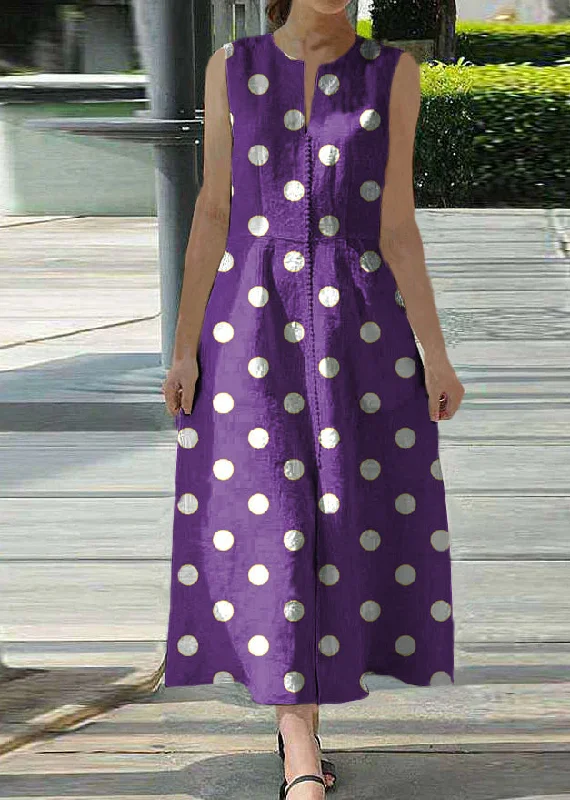 high-waisted dressWomen Solid Purple polka dots Sleeveless V-Neck Back Zipper Pocket Dress