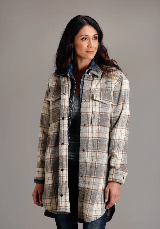 sleek jacketStetson Womens Neutral Plaid Oversized Grey Poly/Wool Jacket